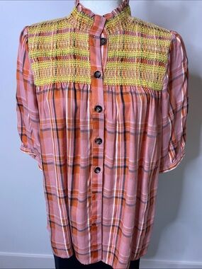 IVY JANE - Pink Plaid Button-Front Top with Yellow Smocked Yoke - Small